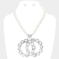 Multi Stone Embellished Double Open Circle Link Pendant Pearl Necklace