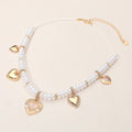 Multi Heart Charm Station Pearl Beaded Necklace