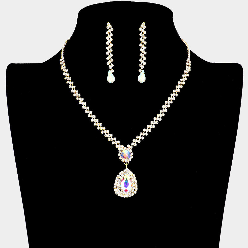 Teardrop Crystal Rhinestone Necklace Earring Set