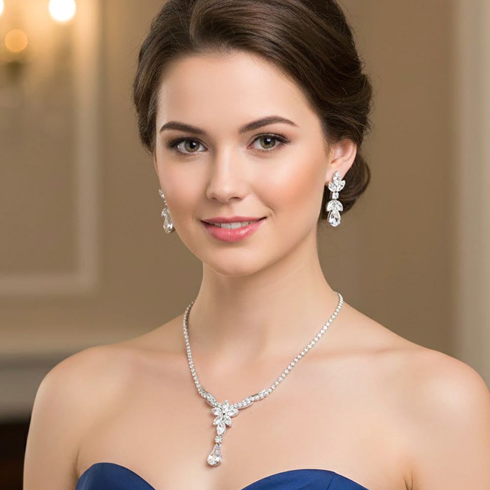 Floral Stone Cluster Accent Rhinestone Paved Necklace