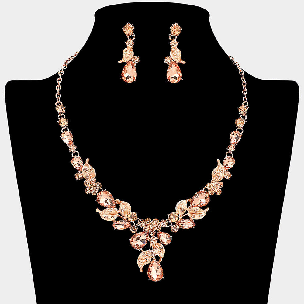 Teardrop Stone Cluster Leaf Embellished Necklace