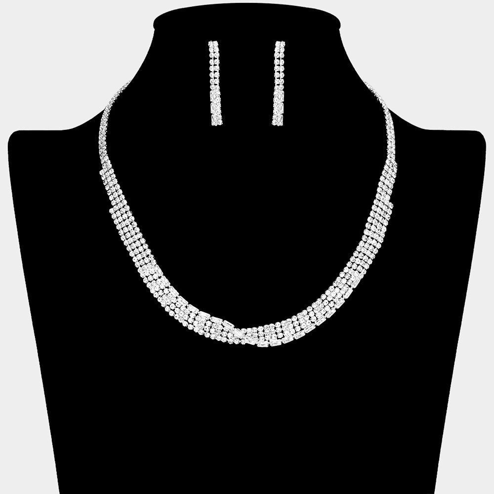 Baguette CZ Stone Pointed Rhinestone Paved Necklace