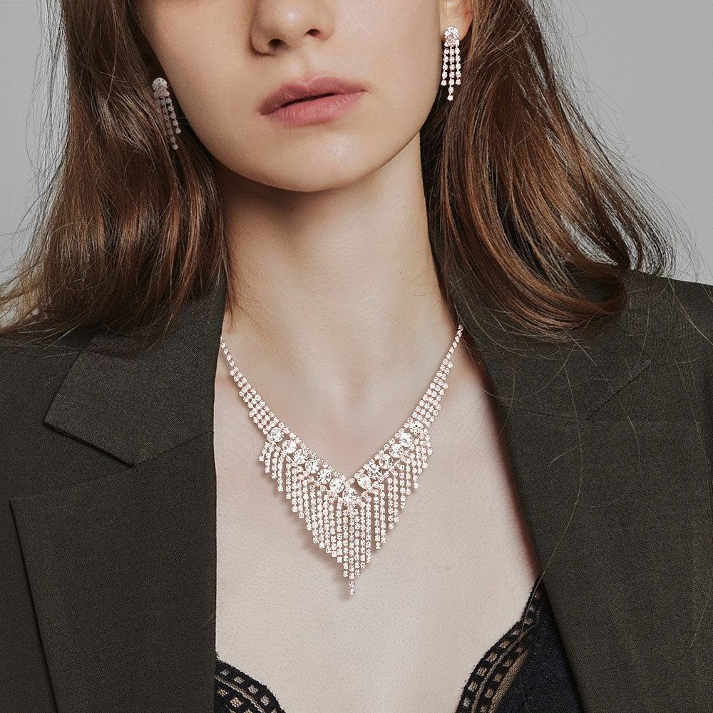 Round Stone Accented Rhinestone Fringe Necklace