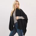 Ribbed Trim Open Front Soft Knit Shawl Cape Poncho