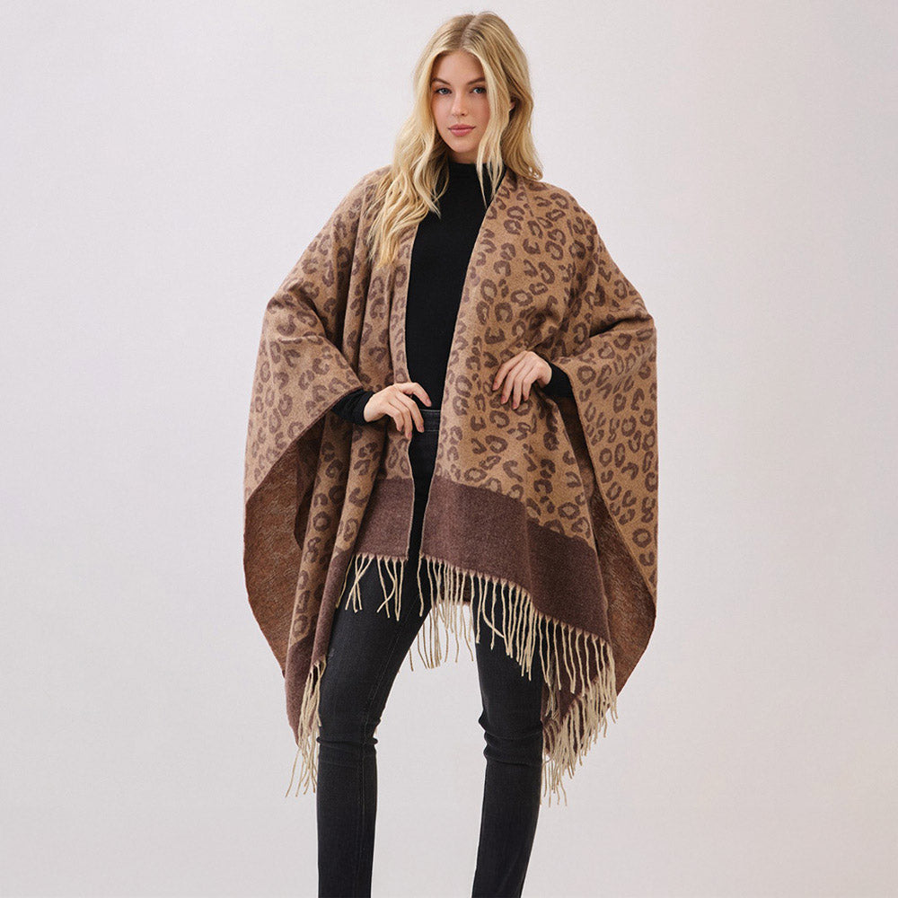 Leopard Pattern Fringe Poncho Wrap