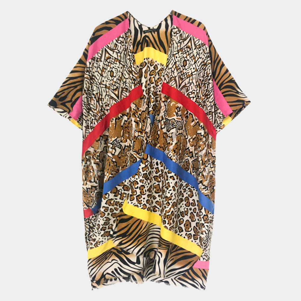 Multi Animal Printed Cover Up Kimono Poncho