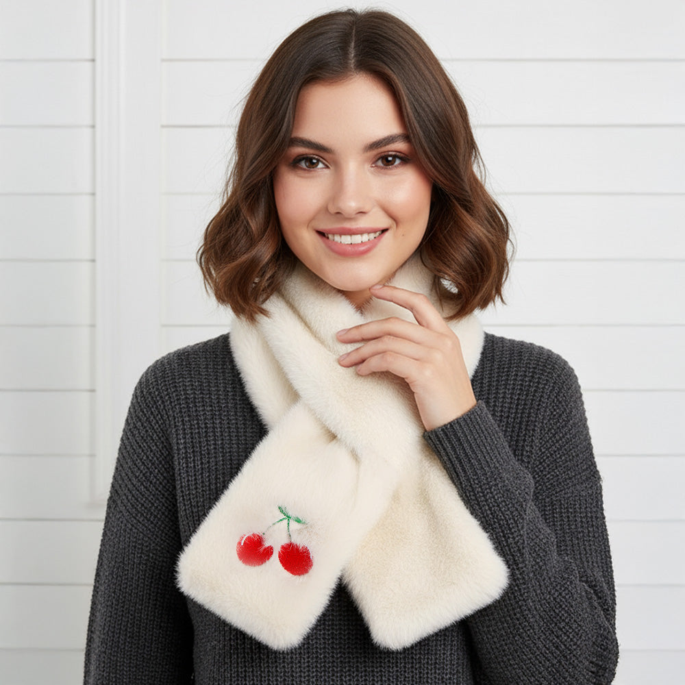 Faux Fur Plush Cherry Embroidered Pull Through Scarf