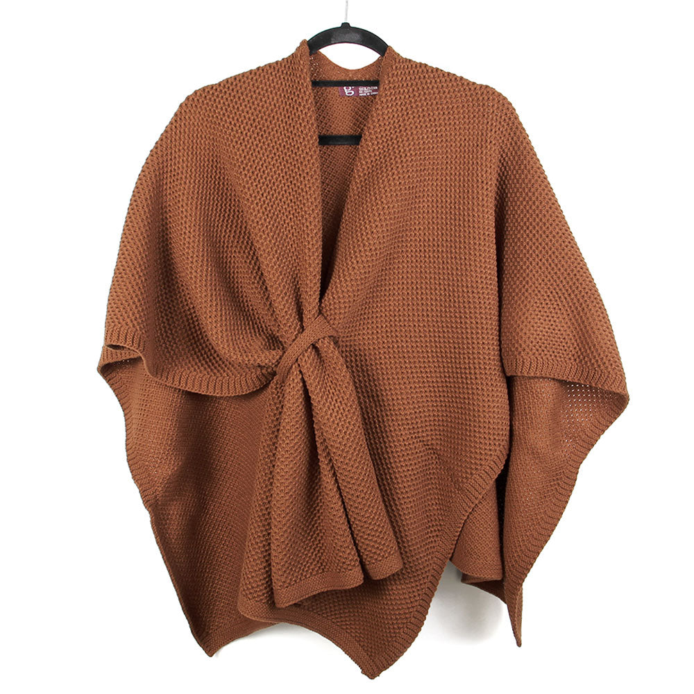 Front Tie Textured Knit Wrap Shawl Poncho