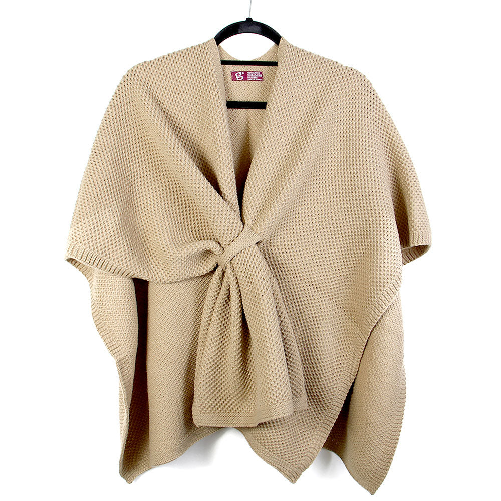 Front Tie Textured Knit Wrap Shawl Poncho