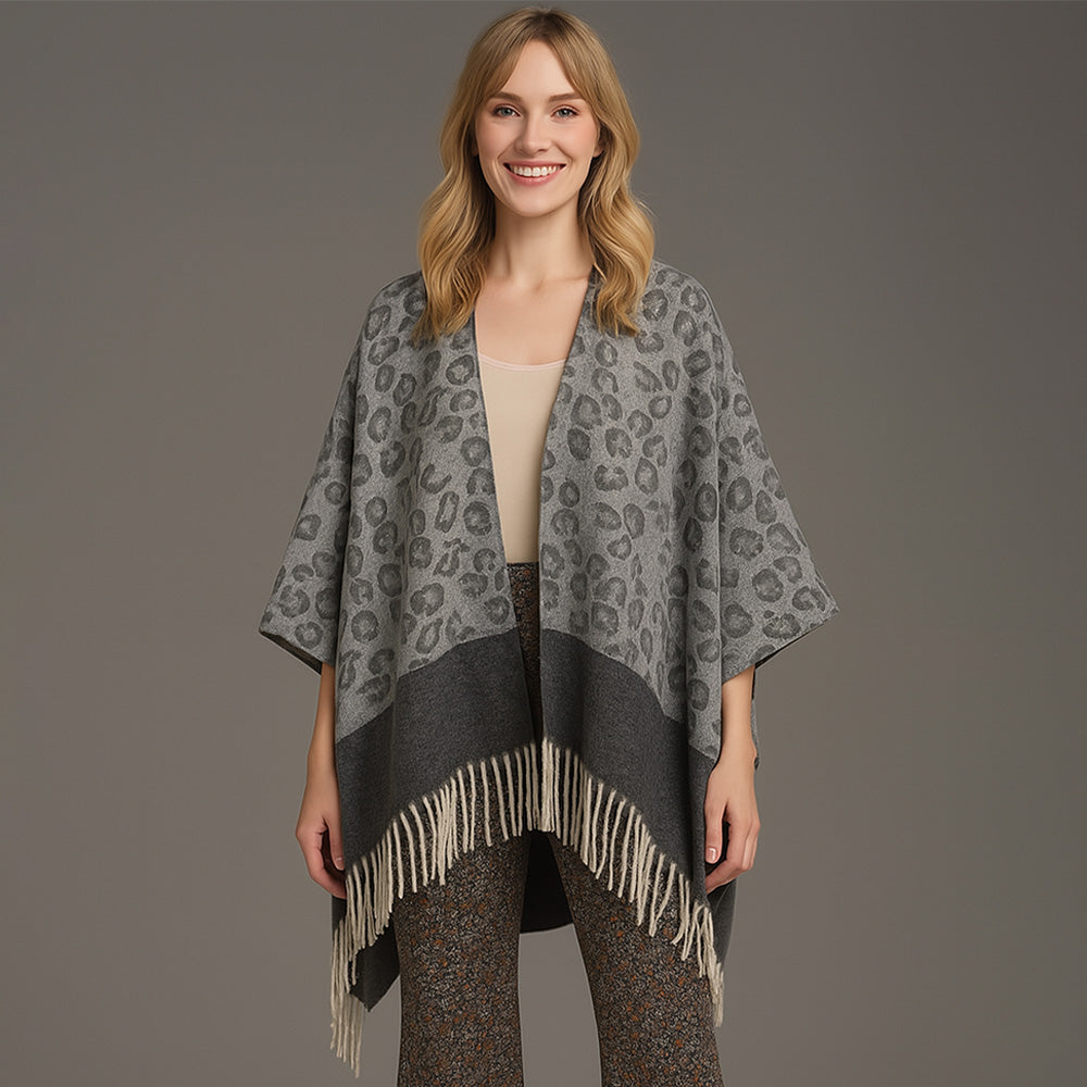 Leopard Print Open Front Fringe Hem Kimono Poncho