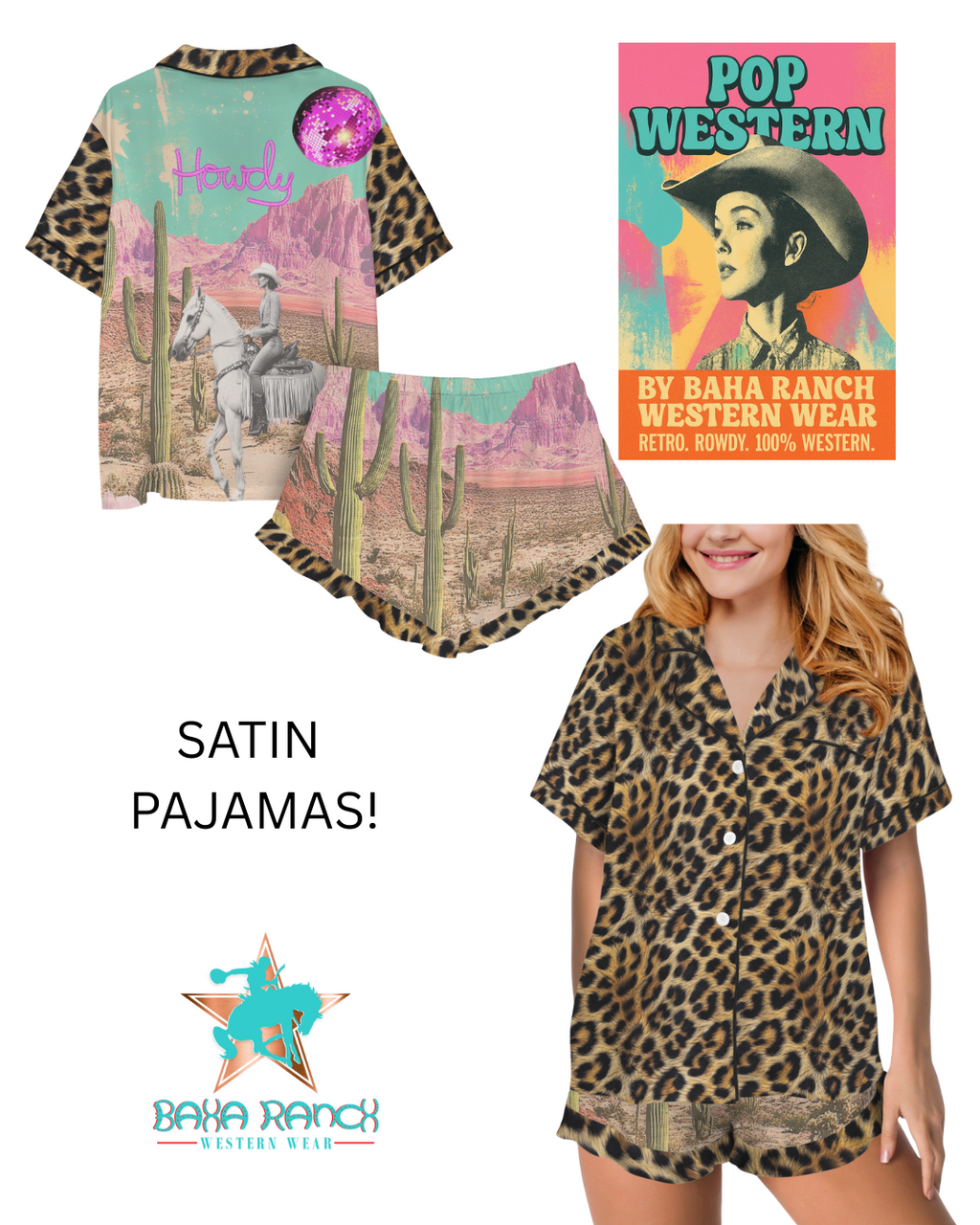 Baha Ranch Retro Pop Western Leopard Desert Cowgirl Satin Pajamas