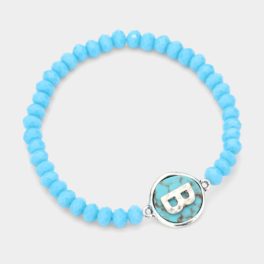 -B- Initial Monogram Turquoise Charm Faceted Beaded Stretch Bracelet