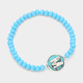 -M- Initial Monogram Turquoise Charm Faceted Beaded Stretch Bracelet