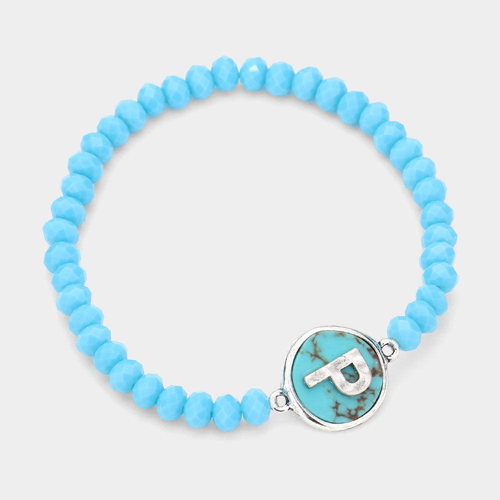 -P- Initial Monogram Turquoise Charm Faceted Beaded Stretch Bracelet