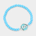 -S- Initial Monogram Turquoise Charm Faceted Beaded Stretch Bracelet