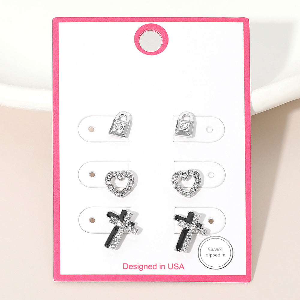 3Pairs - Silver Dipped Stone Pave Mini Lock Heart Double Cross Stud Earring Set