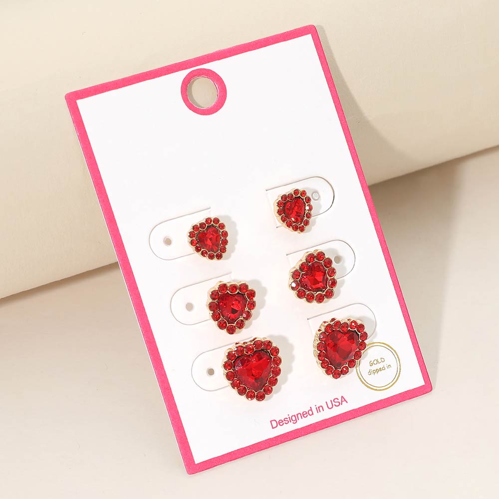 3Pairs - Gold Dipped Heart Halo Stud Earring Set