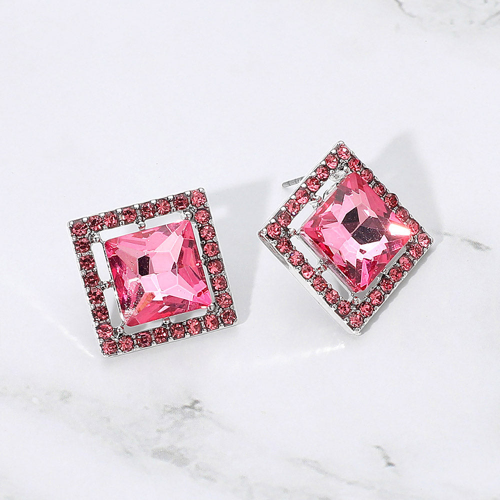 Square Cut Gemstone Framed Evening Stud Earrings