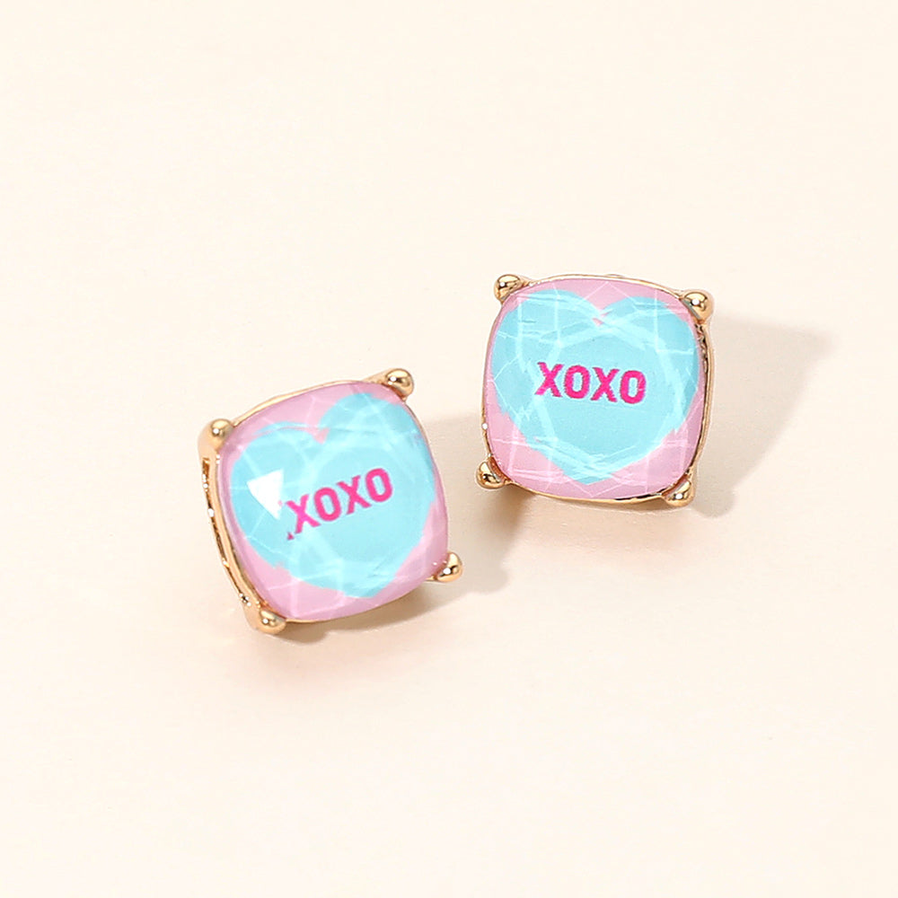 XOXO Message Heart Square Cushion Stud Earrings