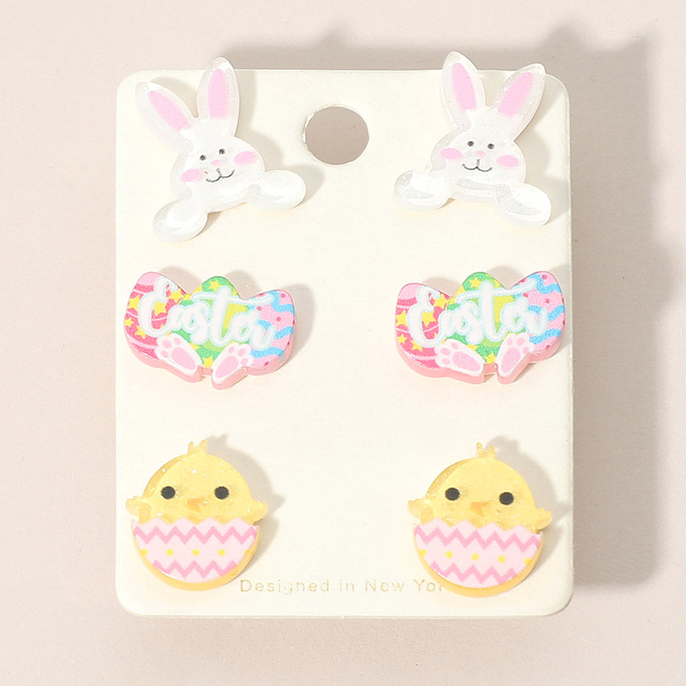 3Pairs - Easter Bunny Egg Chick Stud Earring Set