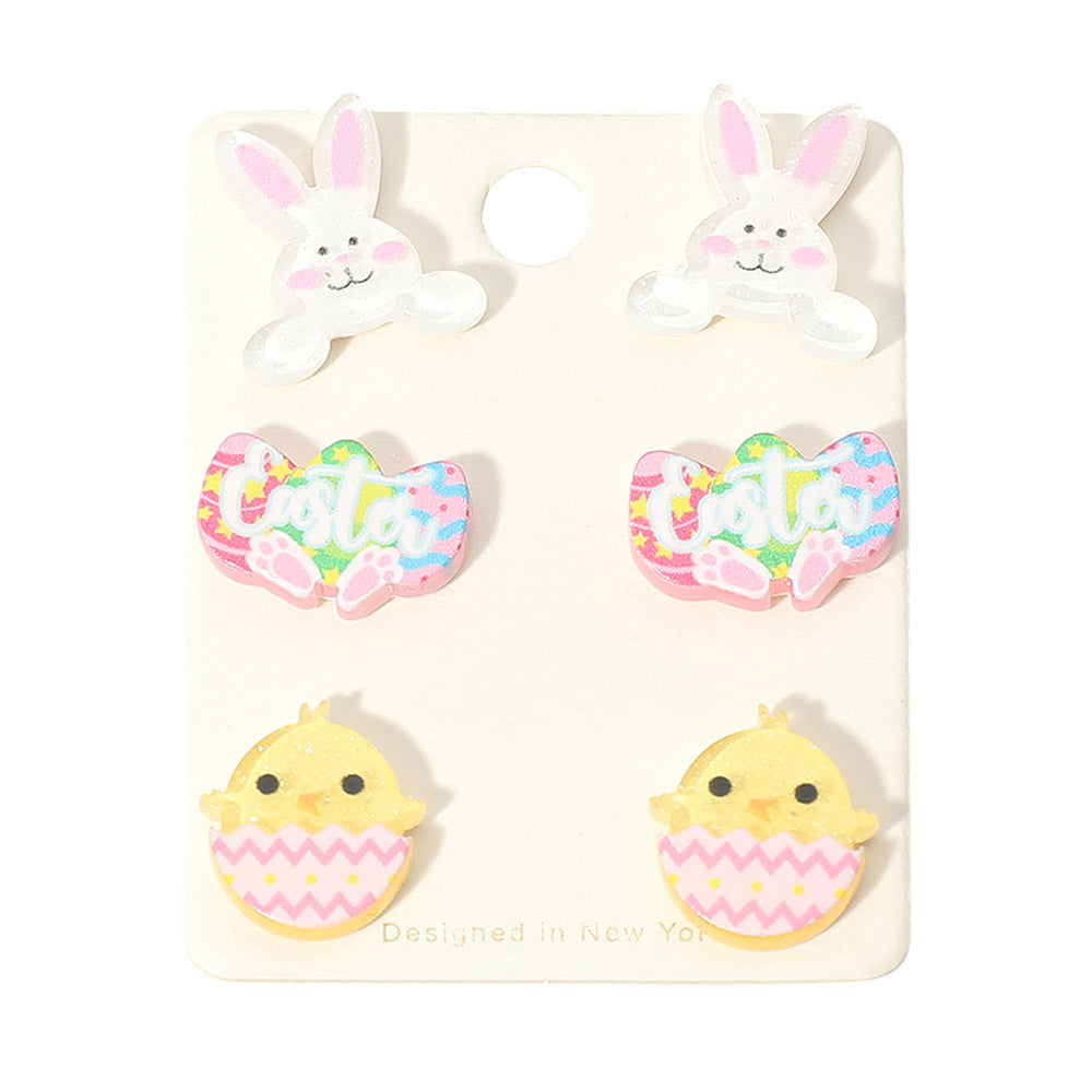 3Pairs - Easter Bunny Egg Chick Stud Earring Set