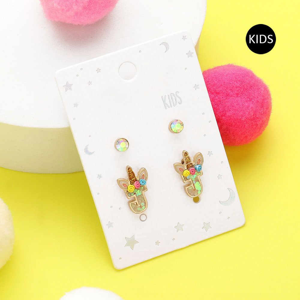 2Pairs - J Round Stone Unicorn Initial Monogram Stud Kids Earrings