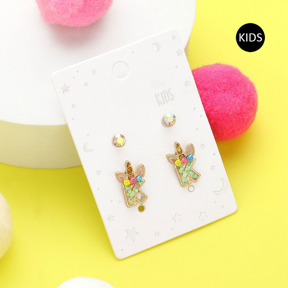 2Pairs - K Round Stone Unicorn Initial Monogram Stud Kids Earrings
