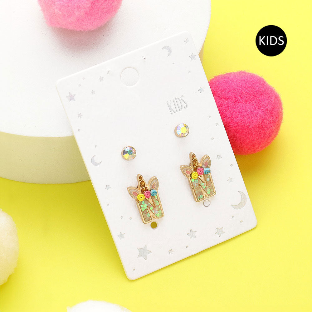 2Pairs - N Round Stone Unicorn Initial Monogram Stud Kids Earrings