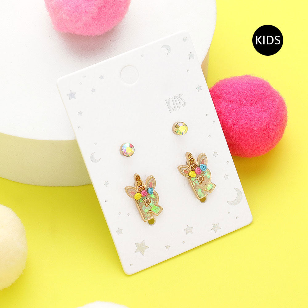 2Pairs - R Round Stone Unicorn Initial Monogram Stud Kids Earrings