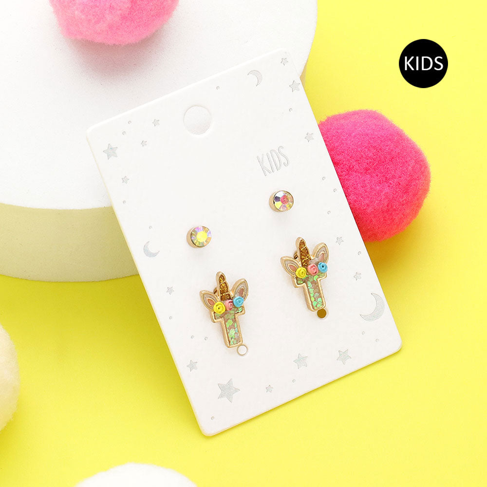 2Pairs - T Round Stone Unicorn Initial Monogram Stud Kids Earrings