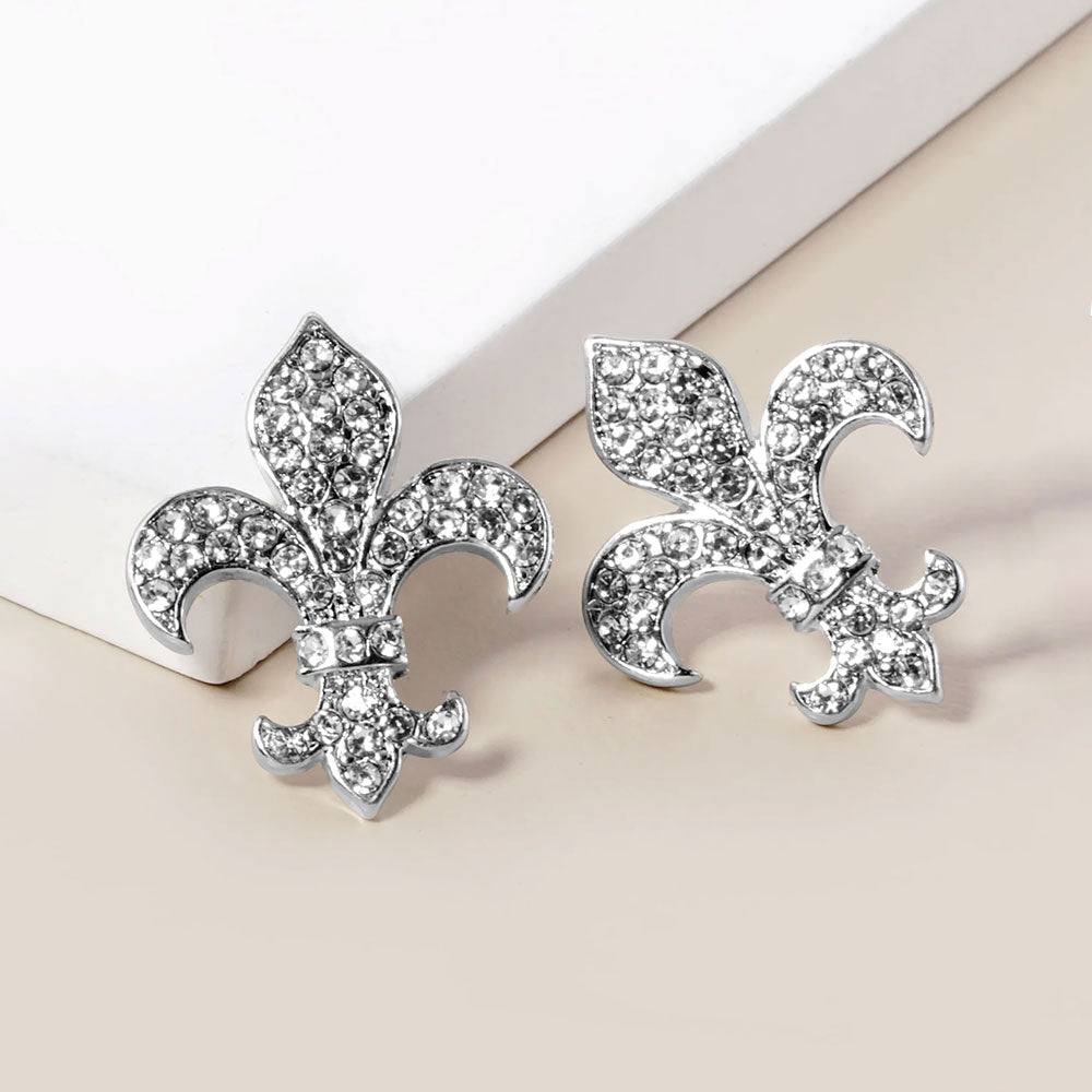 Crystal Stone Paved Fleur de Lis Stud Earrings
