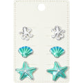 3Pairs - Metal Octopus Enamel Seashell Starfish Stud Earring Set