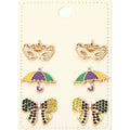 3Pairs - Mardi Gras Mask Umbrella Bow Stud Earring Set