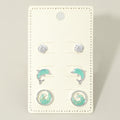 3Pairs - Ocean Theme Shell Dolphin Wave Stud Earring Set
