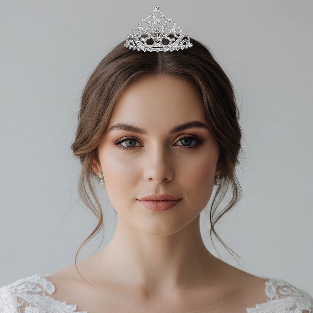 Round Stone Accent Rhinestone Paved Mini Princess Tiara