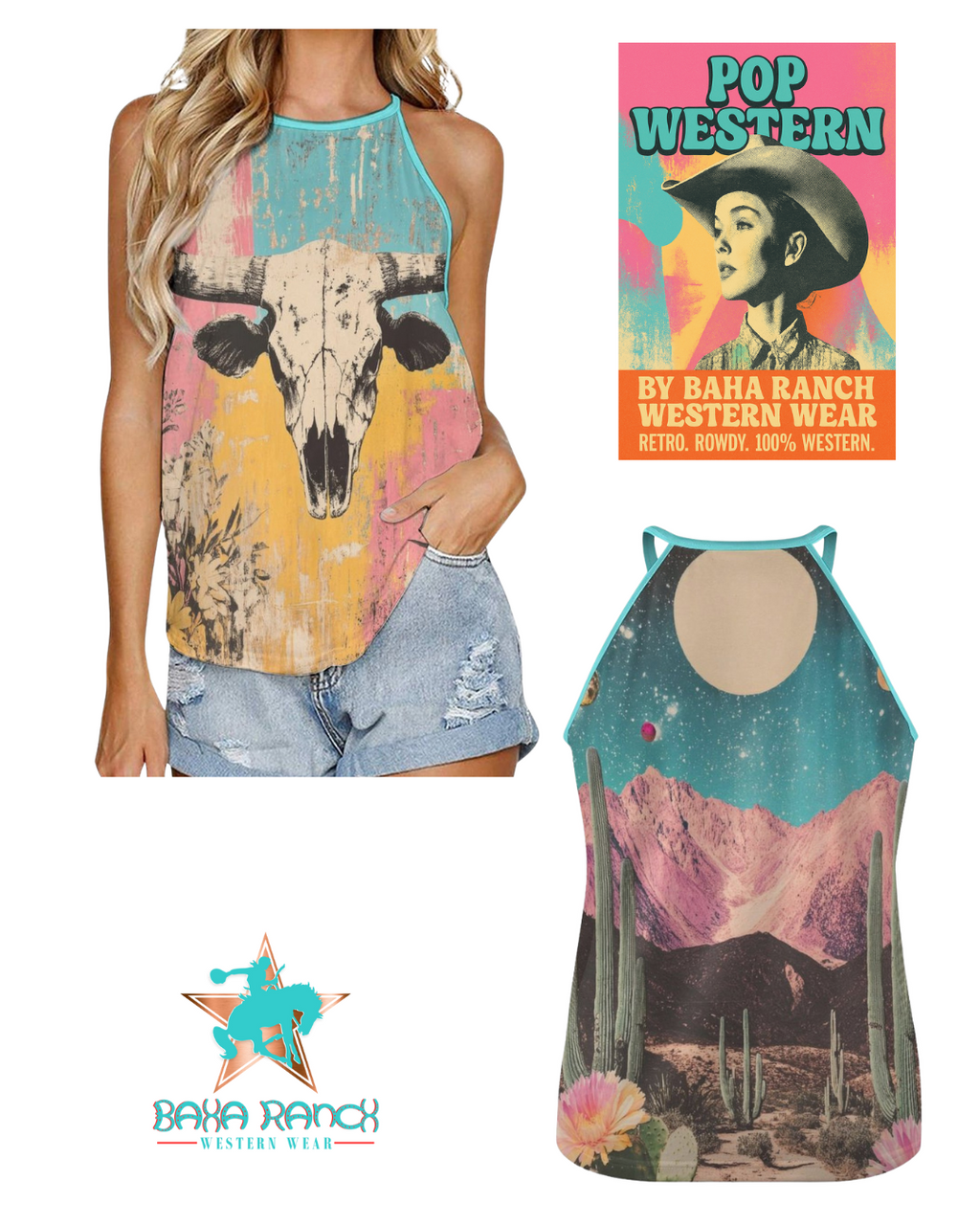 Baha Ranch Bull Skull Retro Pop Western Tank Top