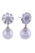 14K Flower Crystal Top Pearl Post Earrings