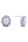 14K Oval Pearl Pave CZ Post Earrings