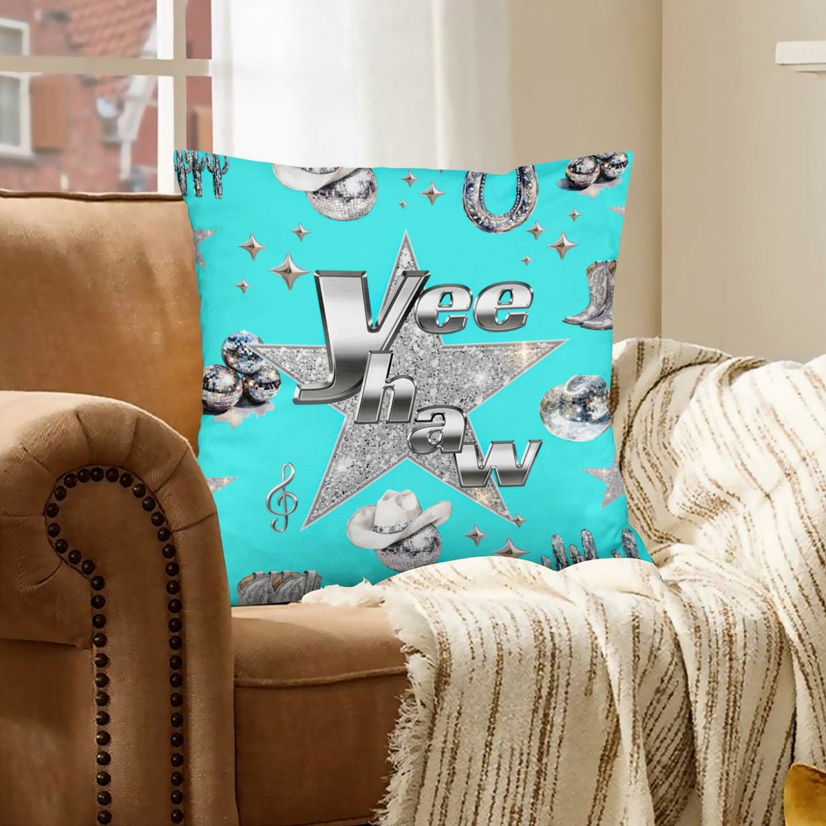 Baha Ranch Turquoise YEEHAW Velvety Soft Pillow Case Made in America