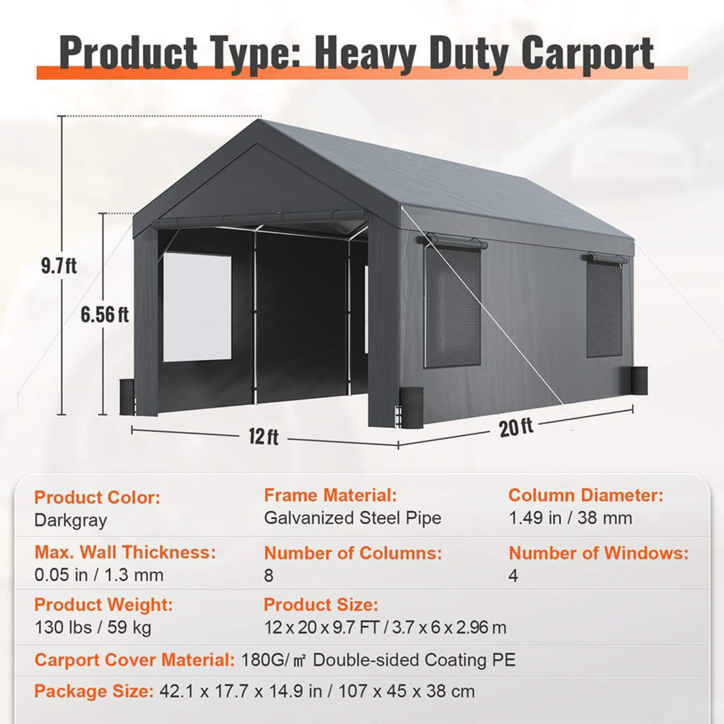 [12X20FT] Heavy-Duty Outdoor Premium Garage Tarp Canopy Shelter W/ Removable Sidewalls (SAK94615)
