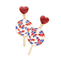 American USA Flag Heart Candy Cane Link Dangle Earrings