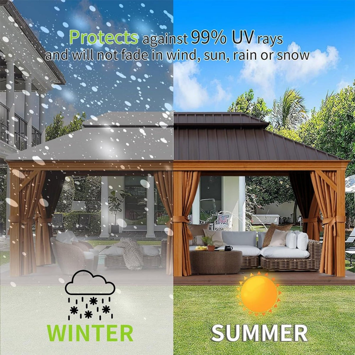[12X20FT] Premium Large Aluminum Hardtop Gazebo W/ Netting, Privacy Curtains And Wood Grain Finish (SAK58374)