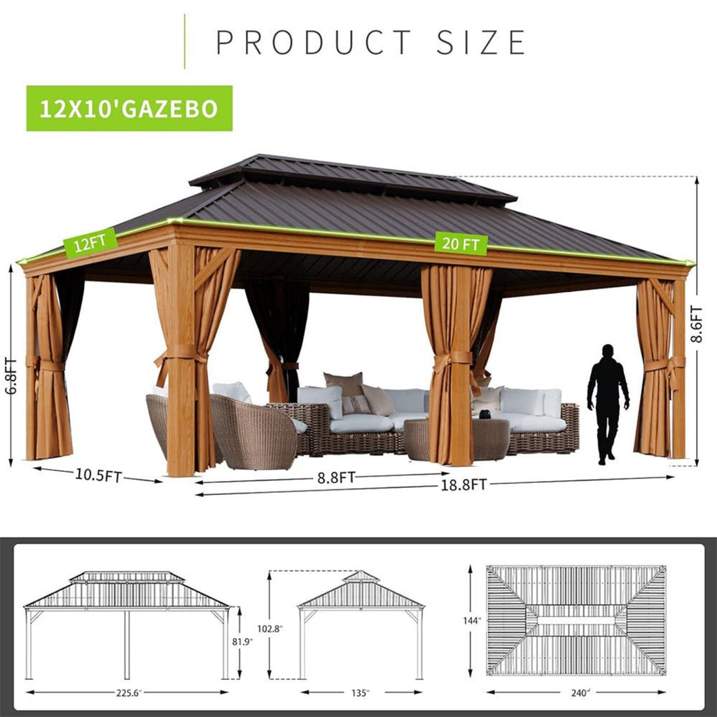 [12X20FT] Premium Large Aluminum Hardtop Gazebo W/ Netting, Privacy Curtains And Wood Grain Finish (SAK58374)