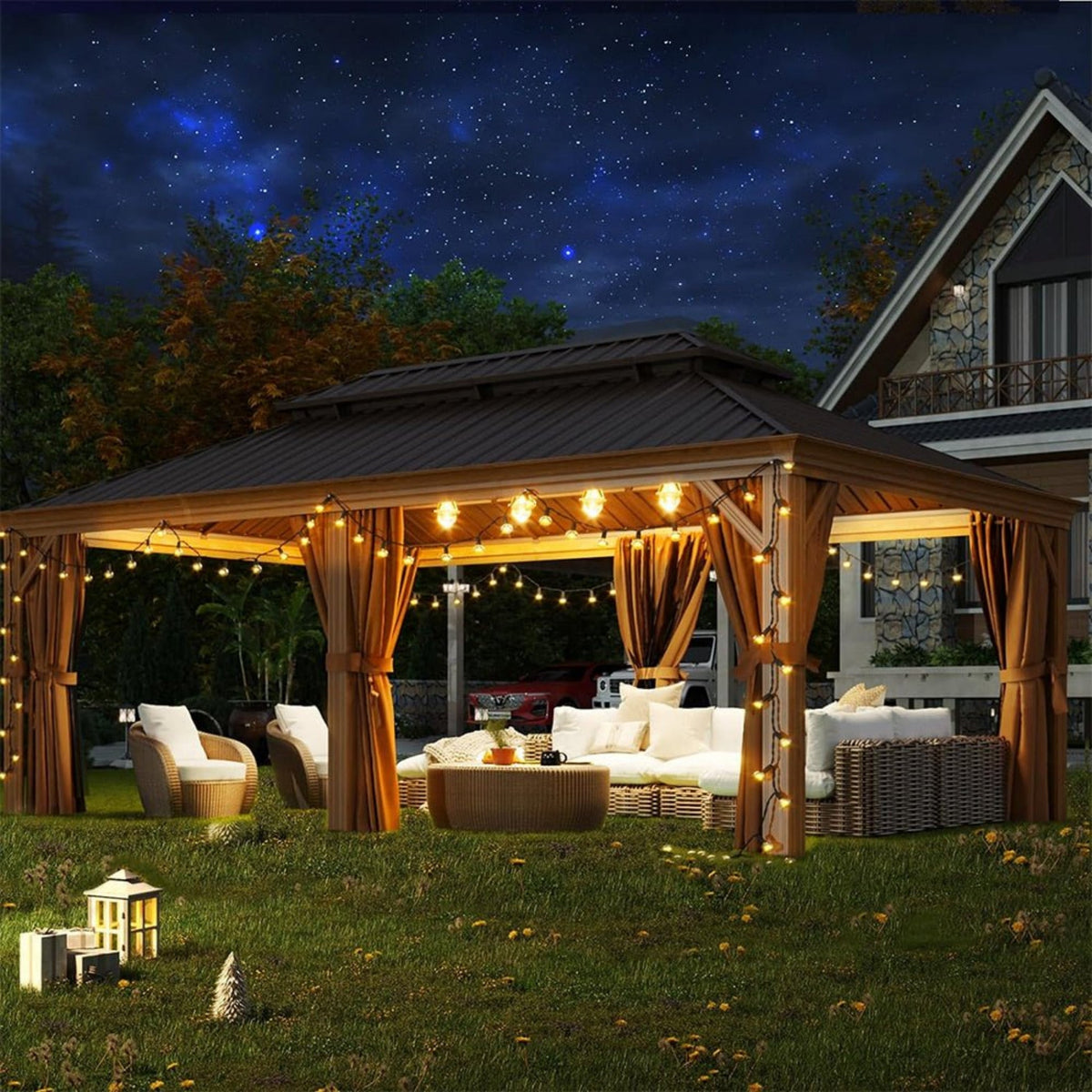 [12X20FT] Premium Large Aluminum Hardtop Gazebo W/ Netting, Privacy Curtains And Wood Grain Finish (SAK58374)