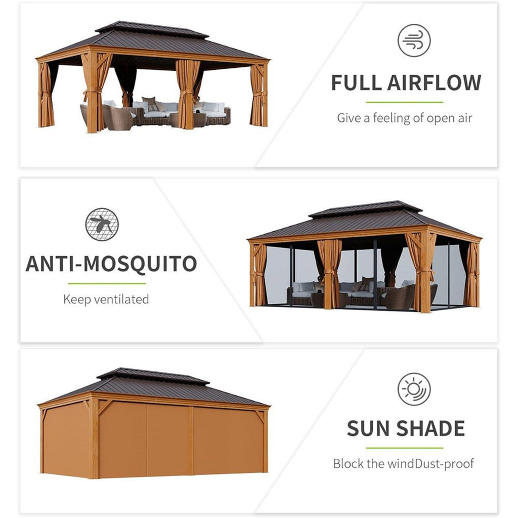 [12X20FT] Premium Large Aluminum Hardtop Gazebo W/ Netting, Privacy Curtains And Wood Grain Finish (SAK58374)