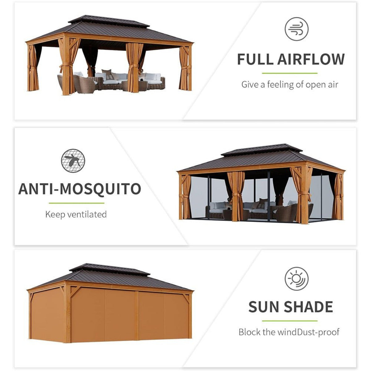 [12X20FT] Premium Large Aluminum Hardtop Gazebo W/ Netting, Privacy Curtains And Wood Grain Finish (SAK58374)