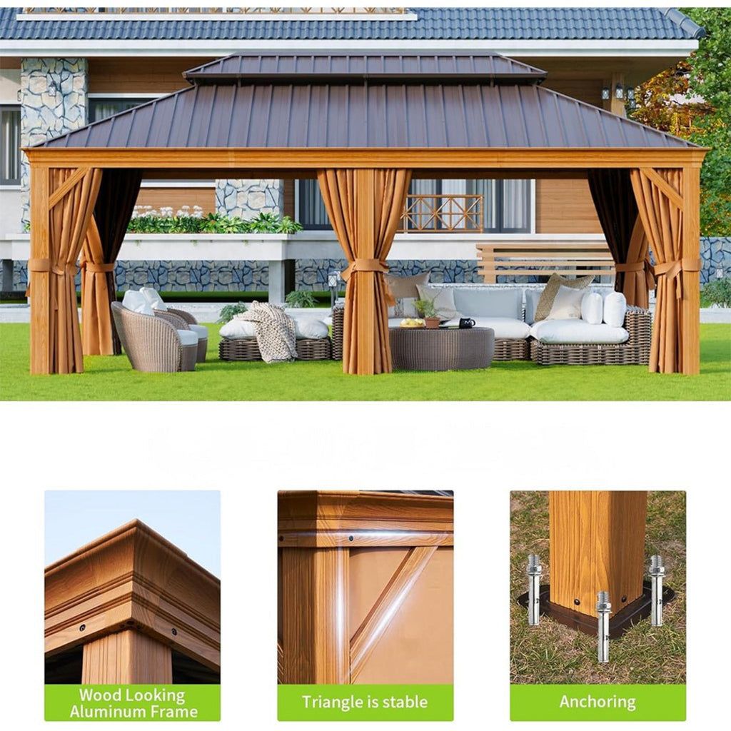 [12X20FT] Premium Large Aluminum Hardtop Gazebo W/ Netting, Privacy Curtains And Wood Grain Finish (SAK58374)