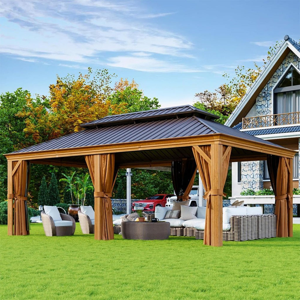 [12X20FT] Premium Large Aluminum Hardtop Gazebo W/ Netting, Privacy Curtains And Wood Grain Finish (SAK58374)