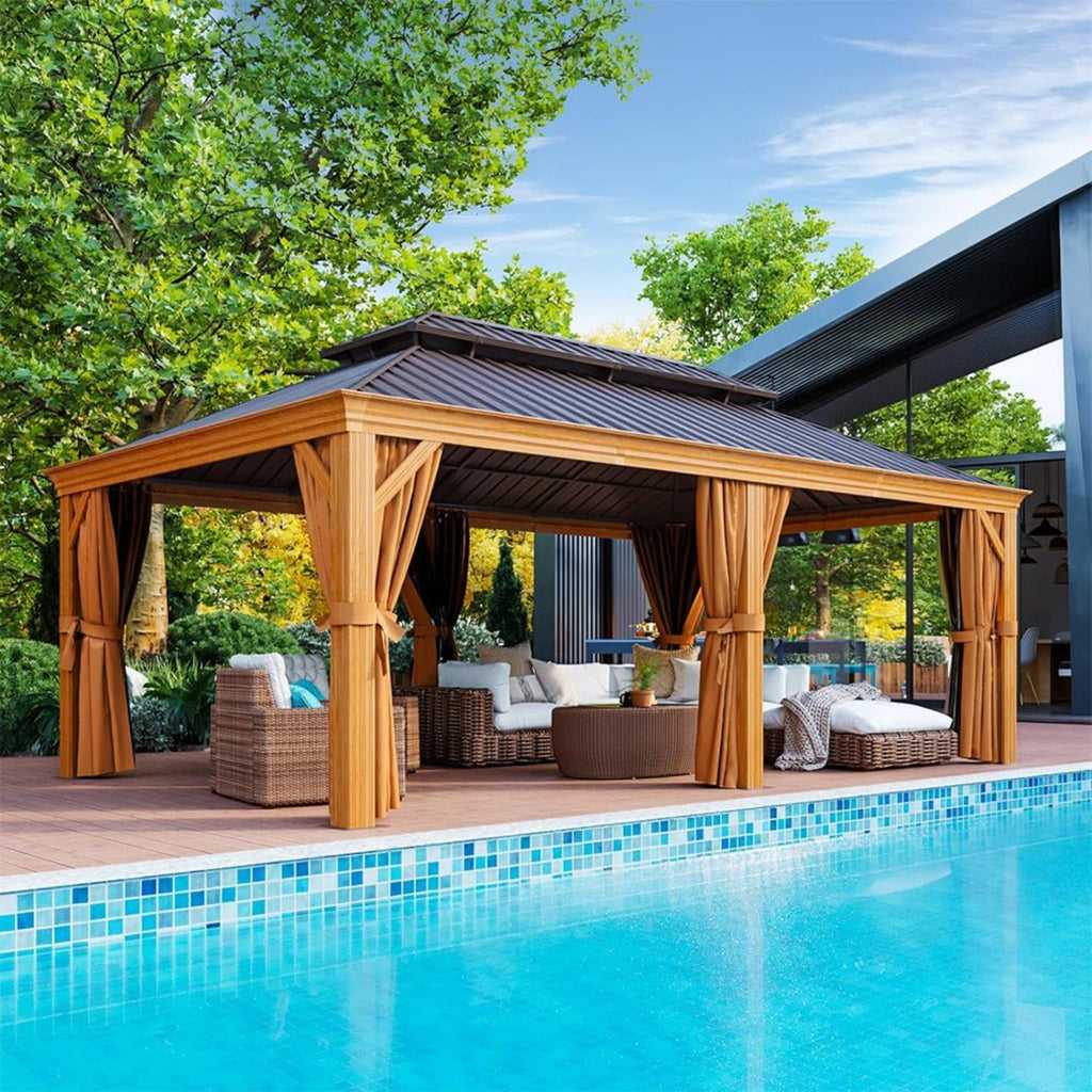 [12X20FT] Premium Large Aluminum Hardtop Gazebo W/ Netting, Privacy Curtains And Wood Grain Finish (SAK58374)
