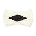 Beaded Flower Applique Knit Headband Earmuff Ear Warmer